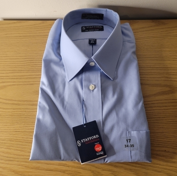 𝅺STAFFORD Men's Super Performance Blue Dress Shirt - Size (17) - NEW - Picture 1 of 6